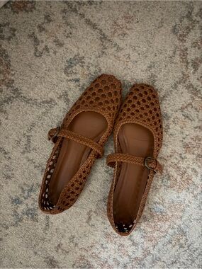 Woven Mary Jane Flats in Brown
